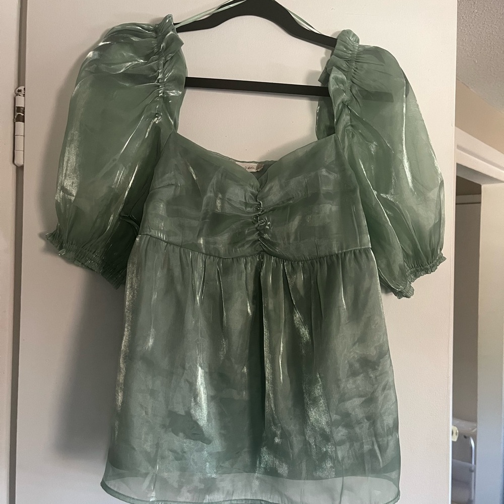 Sheer Green Puff Sleeve Blouse
